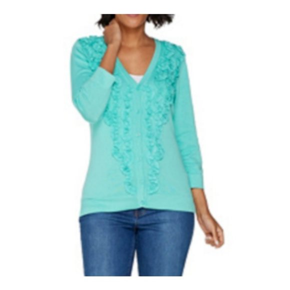 Isaac Mizrahi Sweaters - Isaac Mizrahi 3/4 Sleeve V-neck Soutache Cardigan Island Breeze Size X-Small